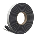 Roll of Frost King black rubber foam weather stripping tape on a white background, labeled 3/8 inch by 5/16 inch by 10 feet.