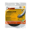 Roll of Frost King black rubber foam weather stripping tape on a white background, labeled 3/8 inch by 5/16 inch by 10 feet.