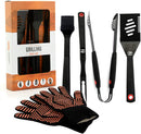 Yukon Glory Heavy Duty 5 Piece Grilling Tools Set, Durable Stainless Steel BBQ Accessories, Long Handle 3 in 1 Spatula, Tongs, Brush, Grill Fork, Thick Grilling Gloves, Gift Set