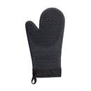 Single black heat-resistant silicone oven mitt with textured grip.