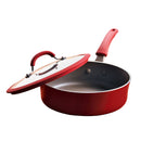 Red Rachael Ray Cook + Create 3-quart nonstick sauté pan with glass lid and wide cooking surface displayed on a white background.