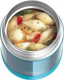 THERMOS FUNTAINER 10-ounce teal kids food jar filled with macaroni soup, displayed on a white background.