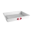 Fat Daddio’s 11 x 15 x 2 inch anodized aluminum sheet cake pan shown from above on a white background.