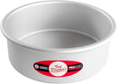 Fat Daddio’s silver anodized aluminum round cake pan, 8-inch diameter by 3-inch height, displayed on a white background.