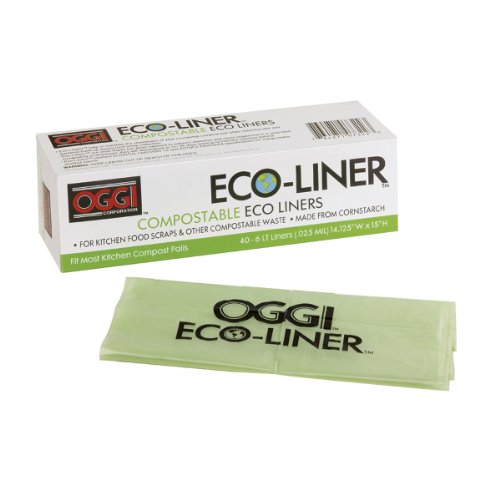 OGGI Eco-Liner Compostable Liners- Box of 40 Liners for Countertop Compost Bin with Lid, 6-Liter Compostable Bags