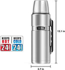 Matte stainless steel 40-ounce THERMOS insulated beverage bottle with carry handle and built-in serving cup, shown with dimensions on a white background.