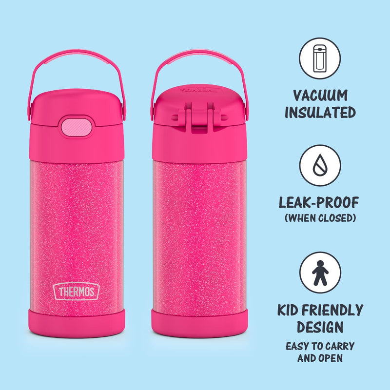 THERMOS FUNTAINER 12 Ounce Stainless Steel Vacuum Insulated Kids Straw Bottle, Pink Glitter