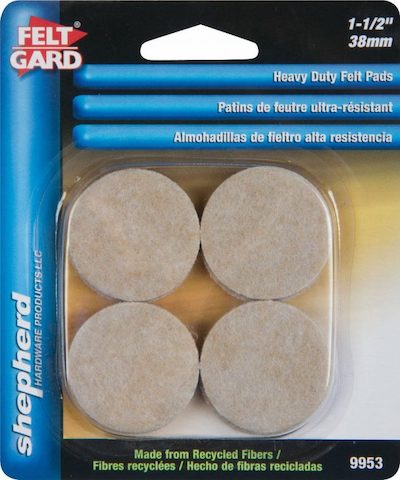 Eight 1-1/2 inch heavy-duty felt pads, designed to protect floors and furniture from scratches and damage. The pack includes durable, round felt pads that can be easily applied to the bottoms of chairs, tables, and other furniture for enhanced floor protection.