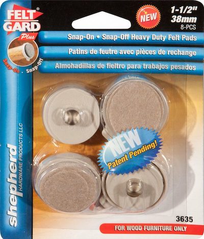 Pack of 8, 1-1/2 inch snap-on, snap-off heavy-duty felt pads designed for easy application and removal. These durable felt pads provide floor protection by preventing scratches and damage from furniture legs, ideal for chairs, tables, and other furniture.
