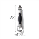 A durable and ergonomic bottle opener from OXO, made of brushed stainless steel with a black grip.