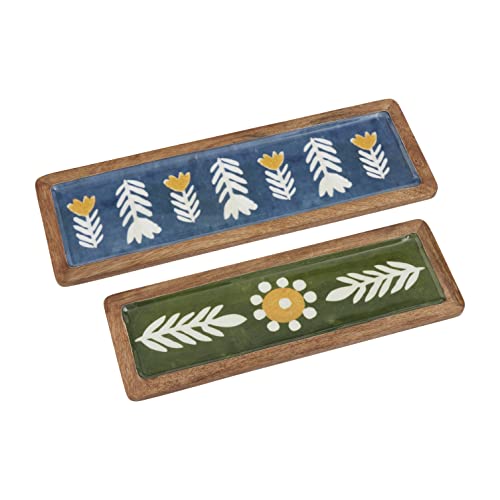 Mud Pie Floral Enamel Tray Set, small 5" x 15" | large 6" x 18", Green