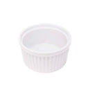 Small white porcelain ramekin with ribbed exterior, ideal for soufflés, custards, or individual servings.