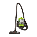 Bissell Zing Bagless Canister Vacuum in black and lime green, with hose, wand, and floor nozzle.
