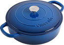  A 5-quart blue enameled cast iron braiser with matching lid, displayed against a white background.