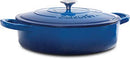 A 5-quart blue enameled cast iron braiser with matching lid, displayed against a white background.