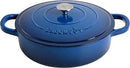 A 5-quart blue enameled cast iron braiser with matching lid, displayed against a white background.