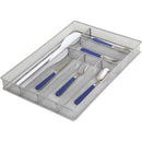 A rectangular, silver metal mesh organizer tray with six compartments for holding silverware and kitchen utensils.