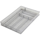 A rectangular, silver metal mesh organizer tray with six compartments for holding silverware and kitchen utensils.