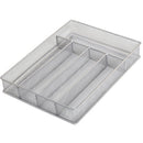 Silver metal mesh drawer organizer with five compartments.