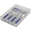 Silver metal mesh drawer organizer with five compartments.