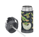 THERMOS FUNTAINER 12-ounce stainless steel water bottle with Mandalorian design, featuring a covered straw and carry handle, shown on a white background.