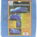 Blue heavy-duty poly tarp in its original packaging. The label highlights features like double laminated coating, extra strength weave, sun and fade resistance, rot and rust-proof material, and heat-sealed seams. The tarp measures 12' x 16' and is ideal for covering construction sites, farm equipment, machinery, trucks, boats, and more.