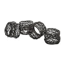 A set of four black, intricately woven metal napkin rings with an open, nest-like design, arranged on a white background.