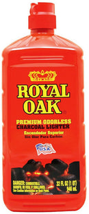 A 32 fl oz bottle of Royal Oak Premium Odorless Charcoal Lighter fluid.