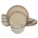 Gibson Home Rockaway 12-piece taupe stoneware dinnerware set including dinner plates, dessert plates, and bowls on a white background.