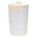 Tall, cylindrical ceramic container with a fitted lid and subtle wood grain texture in a glossy off-white finish.