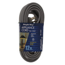 Bright-Way 12-foot appliance cord, model No. 12AC, designed for indoor use only. Features a gray, heavy-duty cable with a three-prong plug. Rated for 1875 watts max, 125 volts, and 15 amps. Packaged with a blue label displaying product details and an image of a lamp.