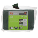 A PXpro brand medium-duty 5 mil green tarp, new in its clear plastic packaging with a white and green cardboard wrap, indicating its size as 12ft x 16ft (3.66m x 4.88m), displayed against a white background.