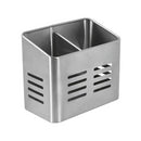 Silver stainless steel dual-compartment utensil holder with draining holes, shown standing upright on a white background.