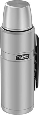 Matte stainless steel 40-ounce THERMOS insulated beverage bottle with carry handle and built-in serving cup, shown on a white background.