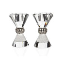 Pair of clear crystal Pageant Bling tapered candlesticks with decorative waist detailing displayed on a white background.