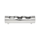 A horizontal, cylindrical, polished silver metal votive candle holder designed to hold three tea lights or votive candles.