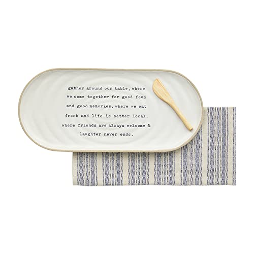 Mud Pie Stoneware Hostess Set, Natural, Tray 7" x 15" | Towel 26" x 16 1/2" | Spreader 5 1/2"