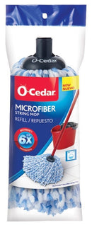 A packaged O-Cedar microfiber string mop refill head. The mop head is round with blue and white twisted microfiber strands, and the packaging highlights 6X absorbency.