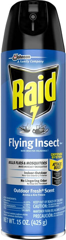 Raid Flying Insect Killer 15 oz spray can shown on a white background, designed for indoor and outdoor pest control.