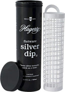 Black cylindrical container of Hagerty Flatware Silver Dip with a black screw-top lid and a white plastic basket for dipping. The label says "Cleans silver instantly, quick as a wink!" and "16.9 fl. oz. / 500ml."
