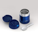THERMOS FUNTAINER 10-ounce navy kids food jar with push-button lid and foldable spoon, displayed on a white background.