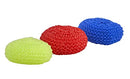 A set of three round nylon mesh scouring pads in assorted colors: lime green, red, and blue.