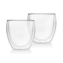Set of two clear double-walled insulated glass cups, perfect for hot or cold beverages like coffee, tea, and juice.