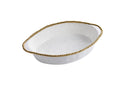 Pampa Bay oval baking dish in white, accented with a bright gold beaded border for a touch of elegance.