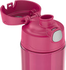 THERMOS FUNTAINER 16oz raspberry-colored plastic hydration bottle with flip-up spout and foldable carry handle on white background.