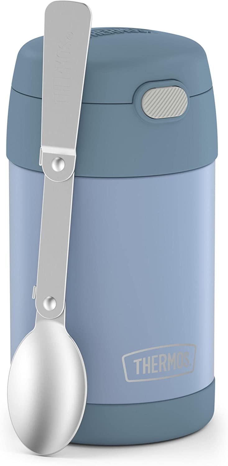 THERMOS FUNTAINER 16 Ounce Stainless Steel Vacuum Insulated Food Jar with Folding Spoon, Denim Blue