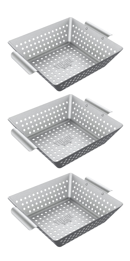 Yukon Glory 3-Piece Mini Squared BBQ Grill Baskets Accessory Set with cleaning pads,for Grilling Vegetables, Chicken Pieces etc
