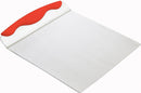 A square, flat, silver stainless steel cake spatula with a wavy, ergonomic red silicone handle on top.