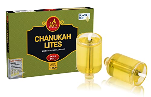 Pre-Filled Chanukah Lights - Olive Oil with Cotton Wick in Glass Cup - Extra Small Size, 44 per Pack