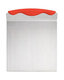 A square, flat, silver stainless steel cake spatula with a wavy, ergonomic red silicone handle on top.